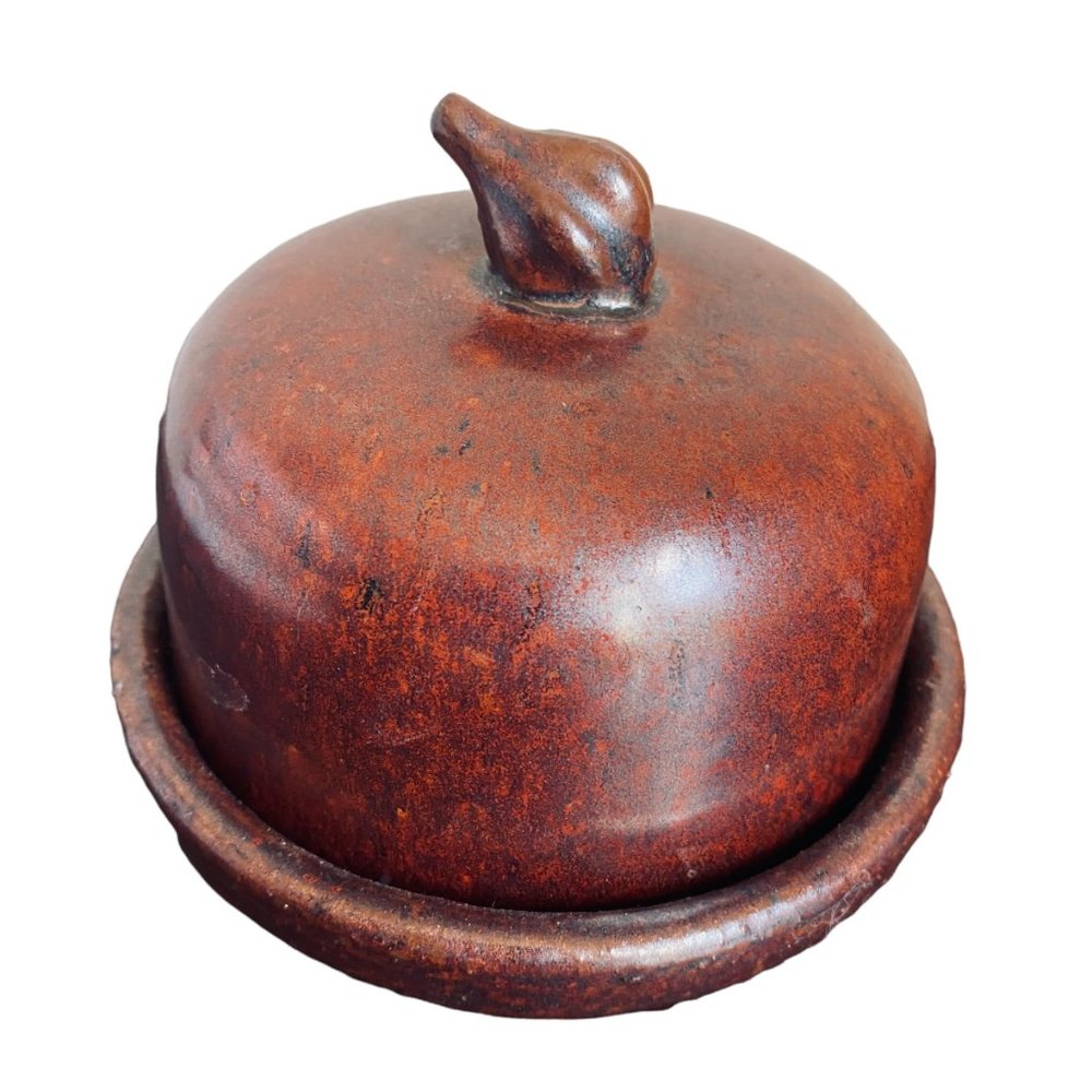 Studio Art Pottery Garlic Keeper Dish With Lid Red Orange Rust Color